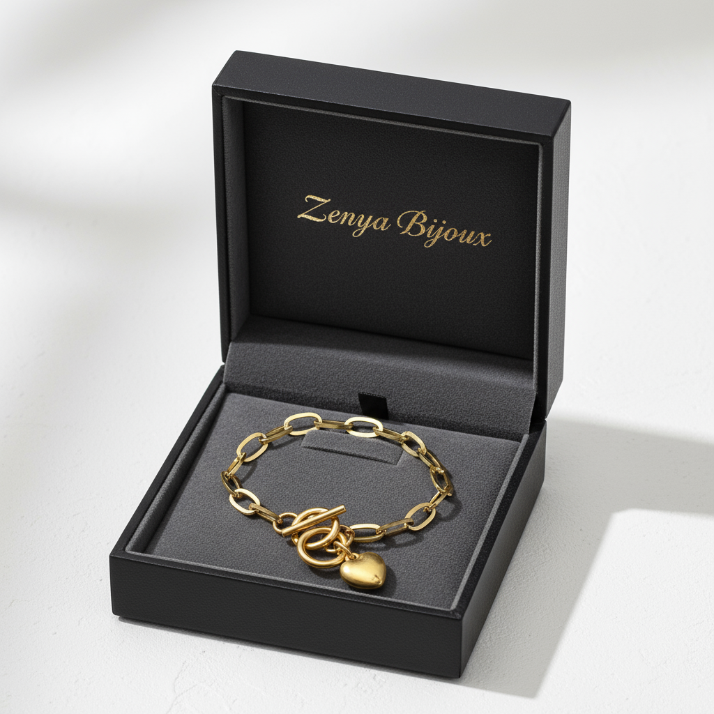 brățară statement din inox placată cu aur 18K cu zale si inchizatoare cu clapeta cu inima in cutie personalizata