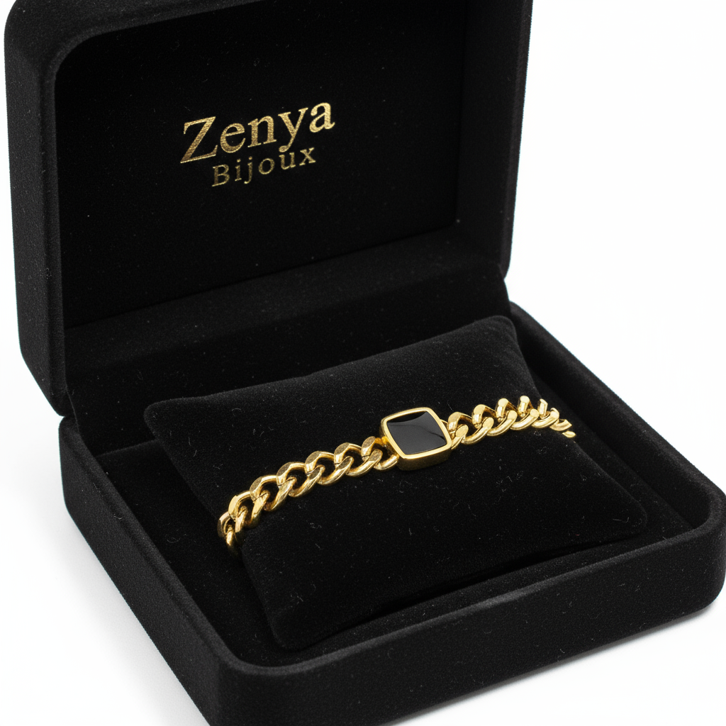 brățară statement din inox placată cu aur 18K in cutie de bijuterii