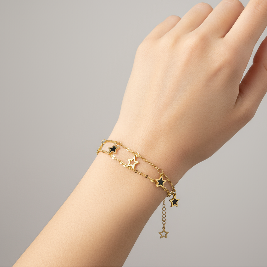 brățară reglabilă placată cu aur – bijuterie fină pentru femei cu stelute alb cu negru