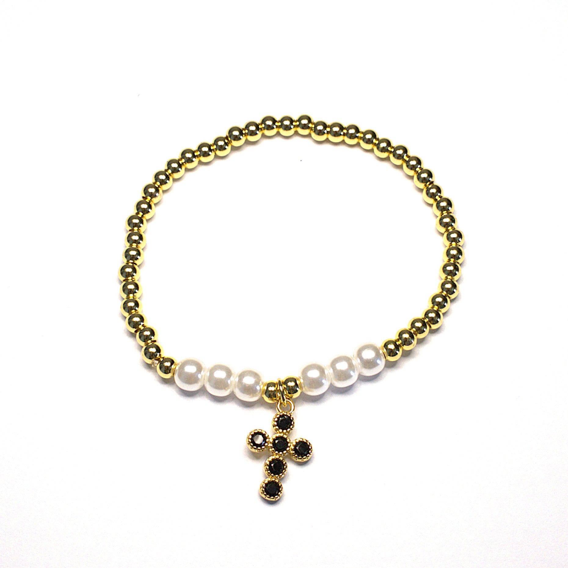 Brățară pe elastic cu bile albe si aurii- pandantiv cruciuliță