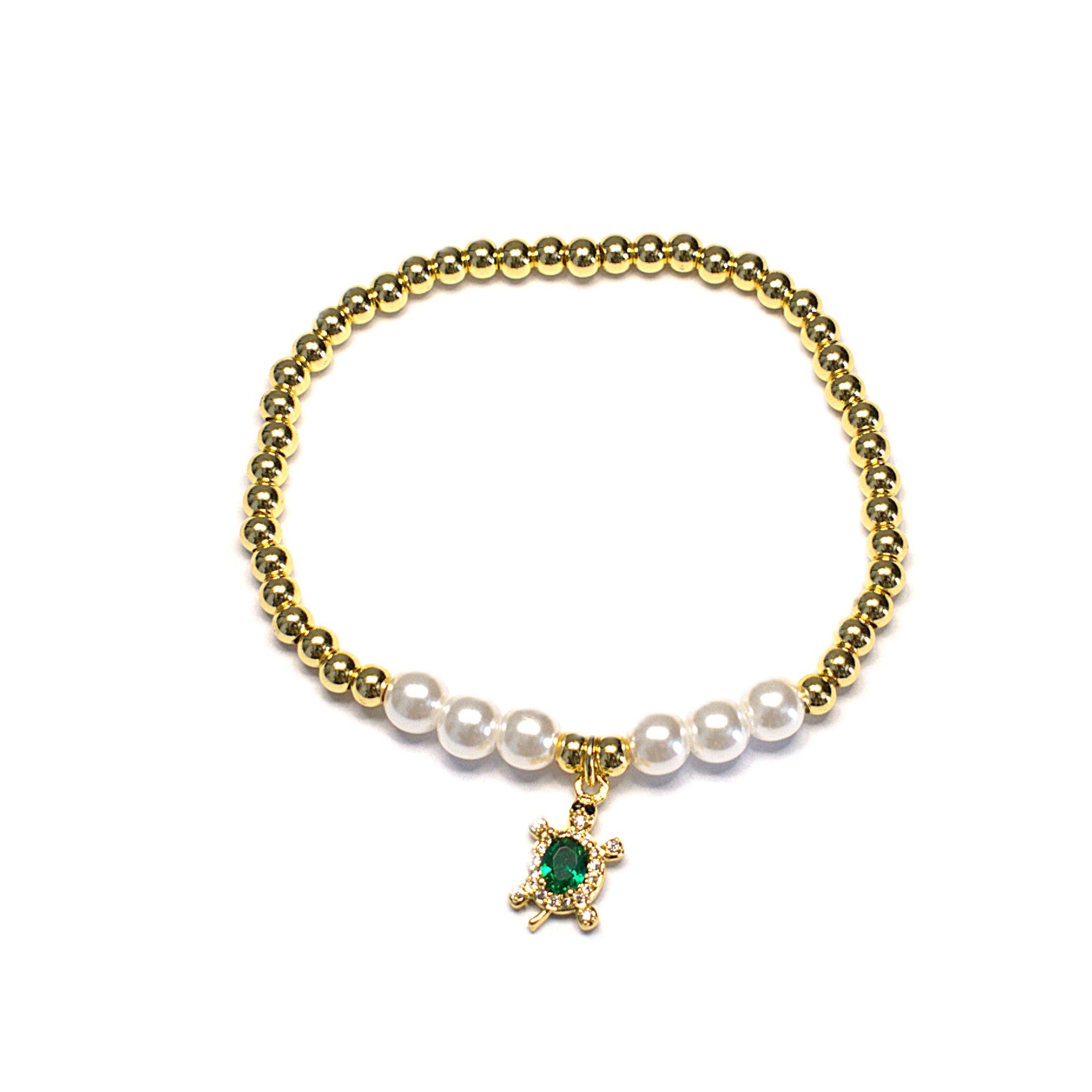 Brățară pe elastic cu bile albe si aurii- pandantiv țestoasă