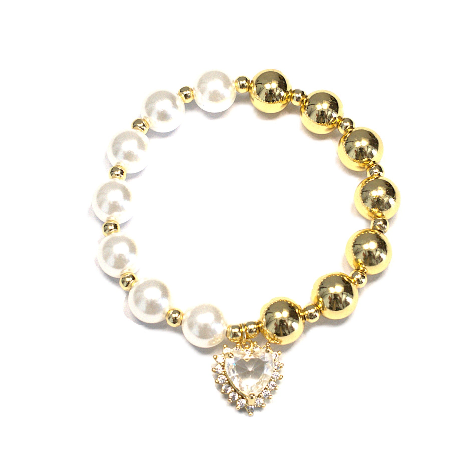 Brățară pe elastic cu bile albe si aurii- pandantiv inimă