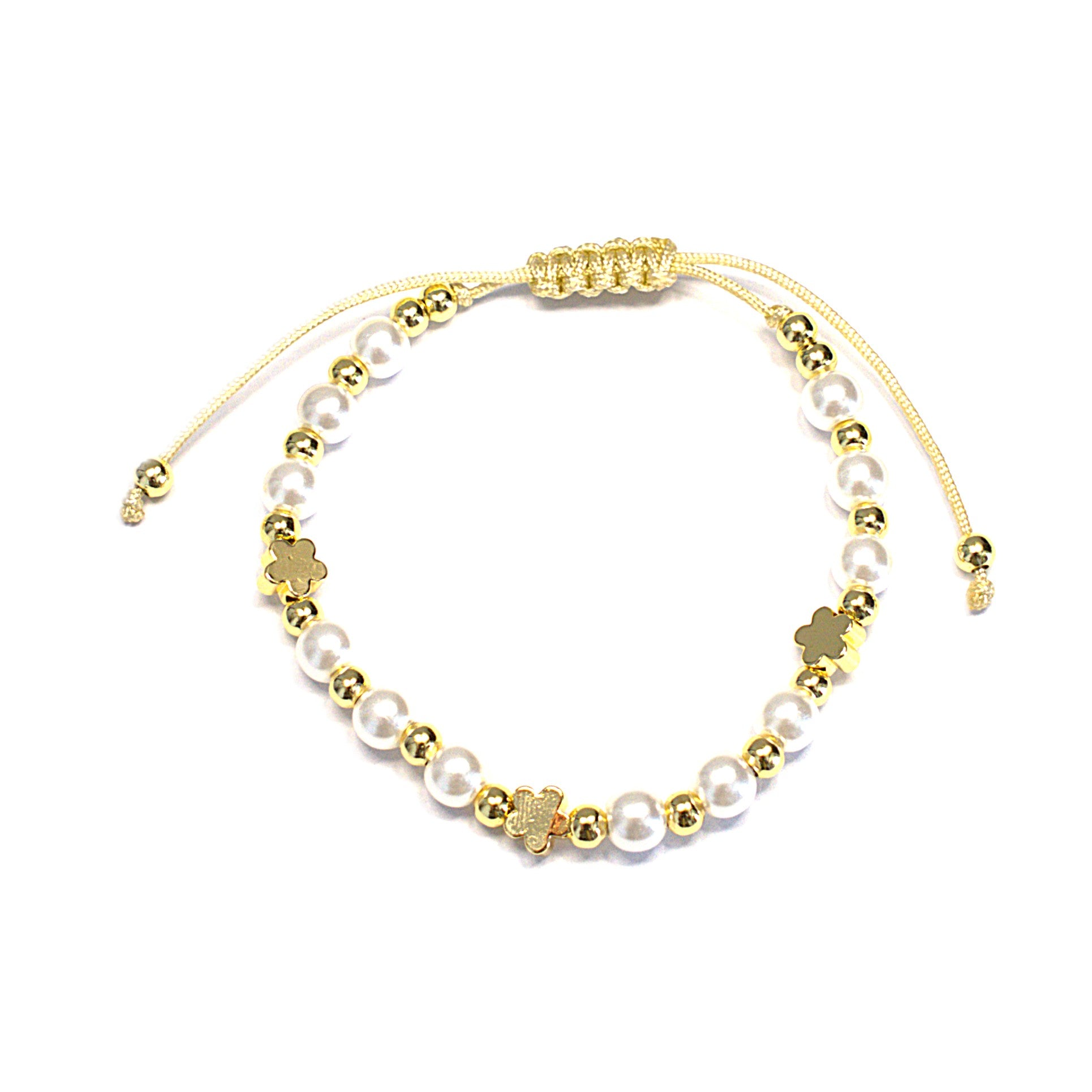 Brățară pe șnur reglabil cu bile albe și aurii și charm floare