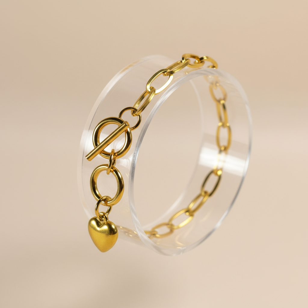 brățară statement din inox placată cu aur 18K cu zale si inchizatoare cu clapeta cu inima