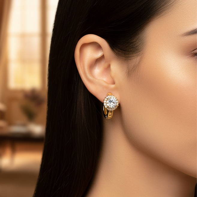 Cercei damă cu pietre zirconiu strălucitori, placați cu aur de 18k