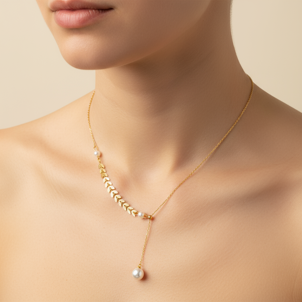 colier placat cu aur de 18K cu pandantiv elegant cu perle