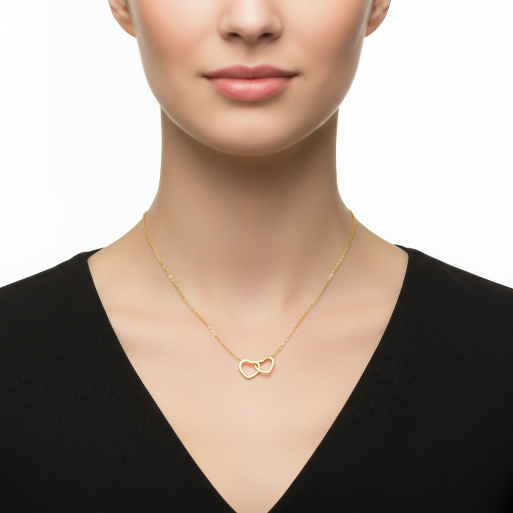 colier placat cu aur de 18K cu pandantiv elegant cu 2 inimi intercalate