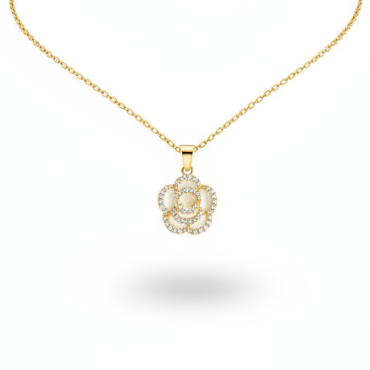 colier placat cu aur de 18K cu pandantiv elegant cu floare alba cu sclipici