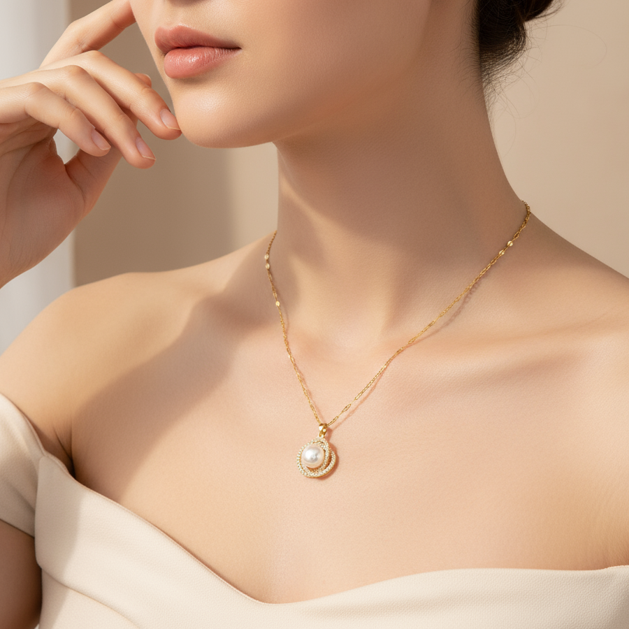 colier placat cu aur de 18K cu pandantiv elegant cu pietre si o perla