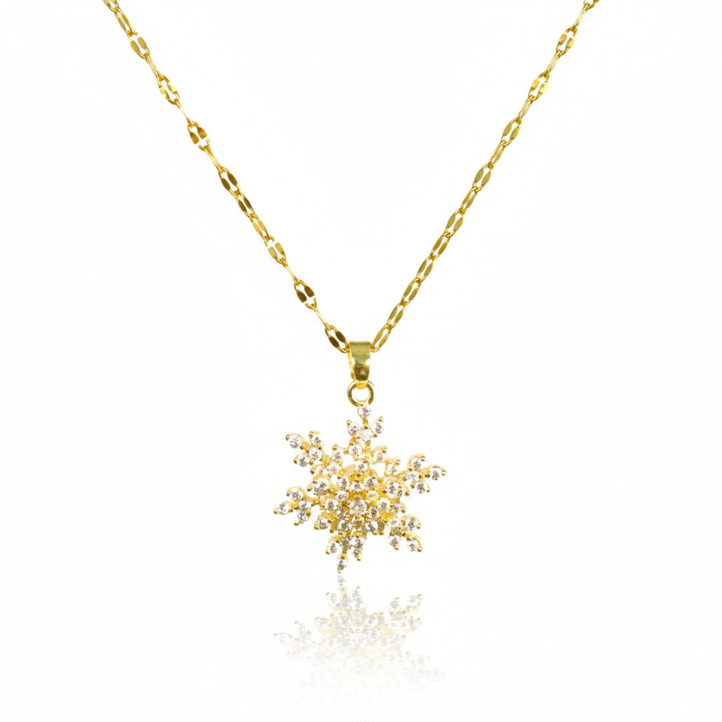colier placat cu aur de 18K cu pandantiv in forma de fulg de zapada mare cu pietre si unul mic deasupra cu pietre care se roteste, antistres