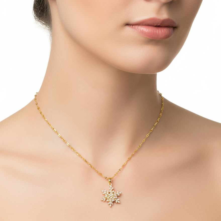 colier placat cu aur de 18K cu pandantiv in forma de fulg de zapada mare cu pietre si unul mic deasupra cu pietre care se roteste, antistres