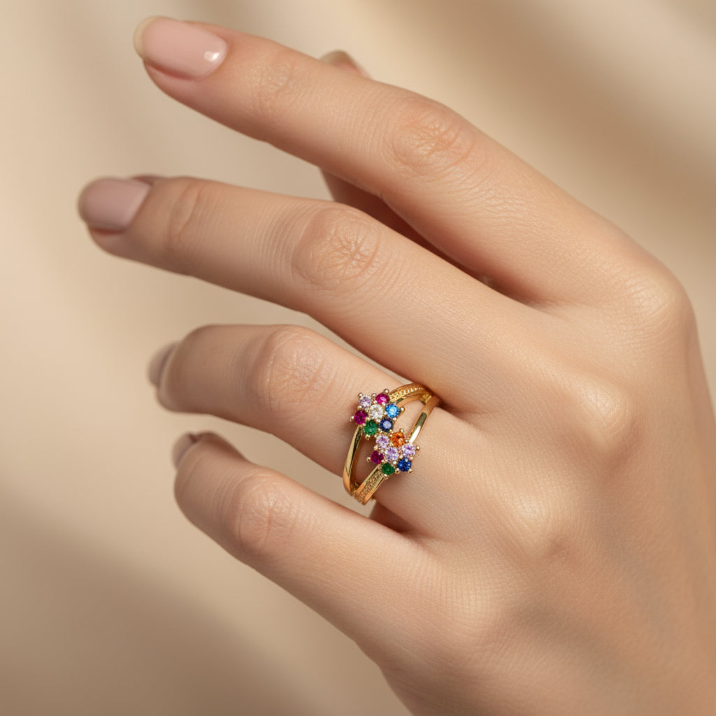 inel placat cu aur de 18K cu piatră cubic zirconia strălucitoare multicolore