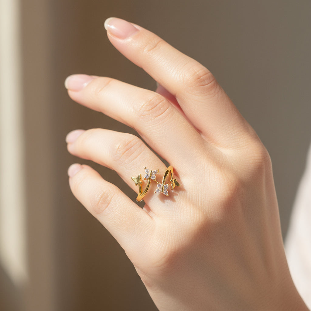 inel reglabil cu piatră semiprețioasă – placat cu aur 18K fluture