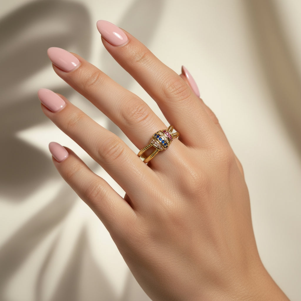 inel placat cu aur de 18K cu pietre cubic zirconia strălucitoare multicolore