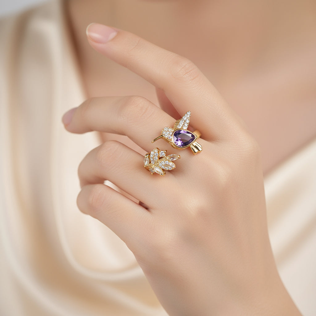 inel placat cu aur de 18K cu pietre cubic zirconia strălucitoare violet, mov