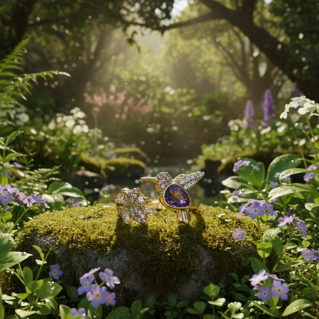 inel placat cu aur de 18K cu pietre cubic zirconia strălucitoare mov, violet pasare colibri