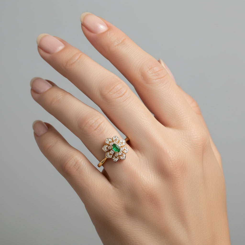 inel placat cu aur de 18K cu pietre cubic zirconia strălucitoare verde