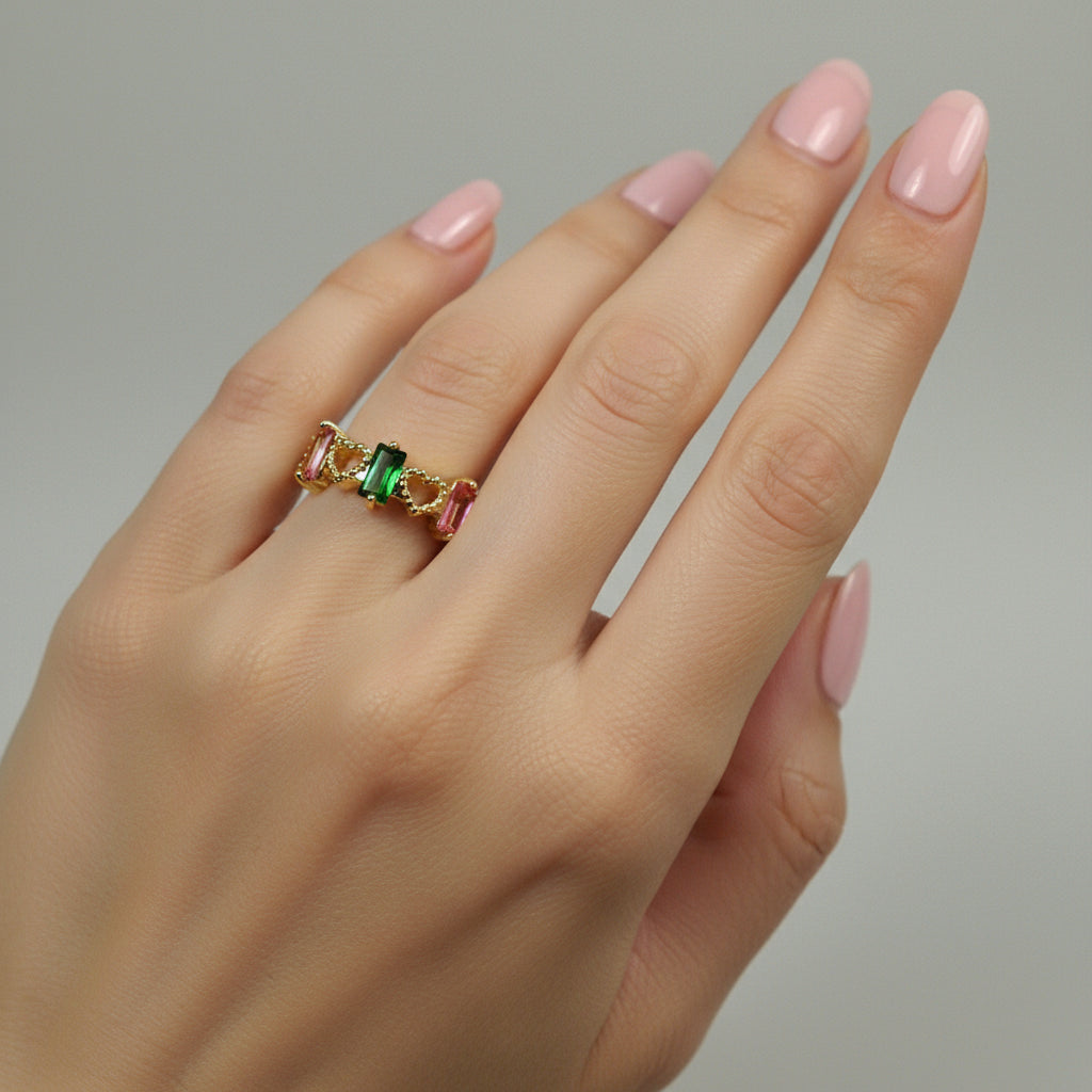 inel placat cu aur de 18K cu pietre cubic zirconia strălucitoare multicolore