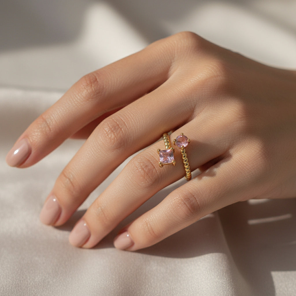 inel placat cu aur de 18K cu pietre cubic zirconia strălucitoare roz