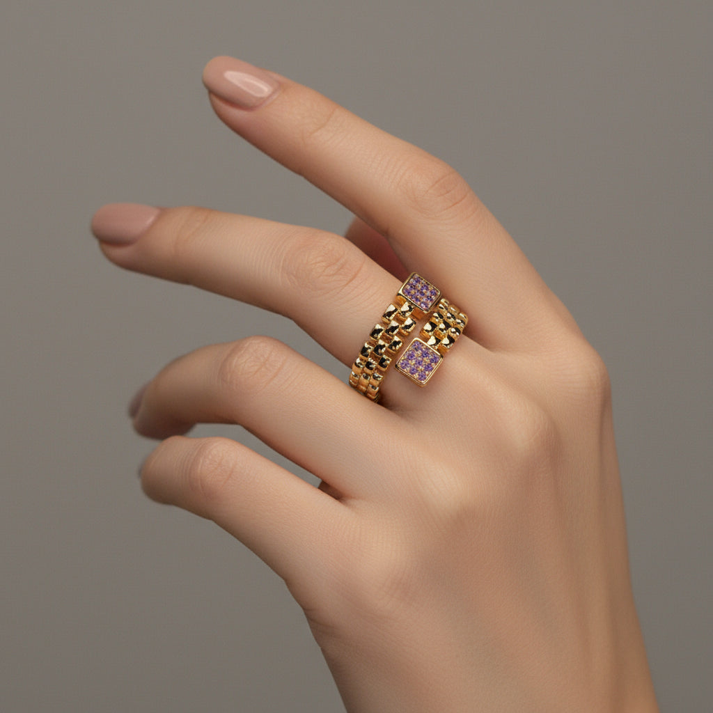 inel placat cu aur de 18K cu piatră cubic zirconia strălucitoare mov violet