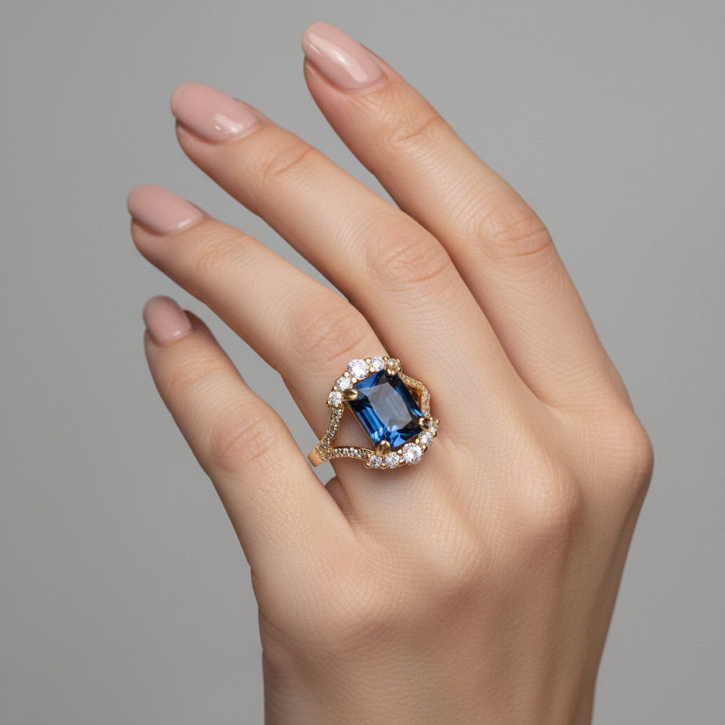 inel placat cu aur de 18K cu piatră cubic zirconia strălucitoare mare albastra