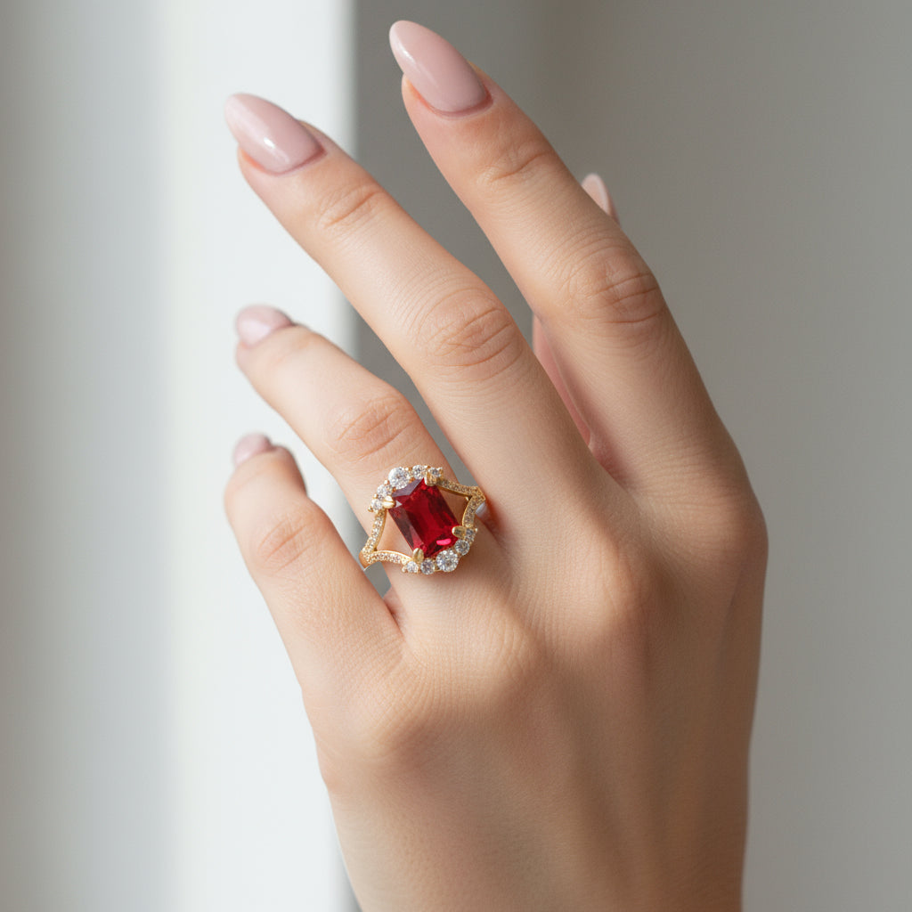 inel placat cu aur de 18K cu piatră cubic zirconia strălucitoare  rosie mare