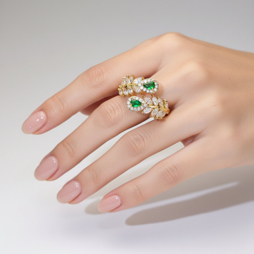 inel placat cu aur de 18K cu piatră cubic zirconia strălucitoare verde