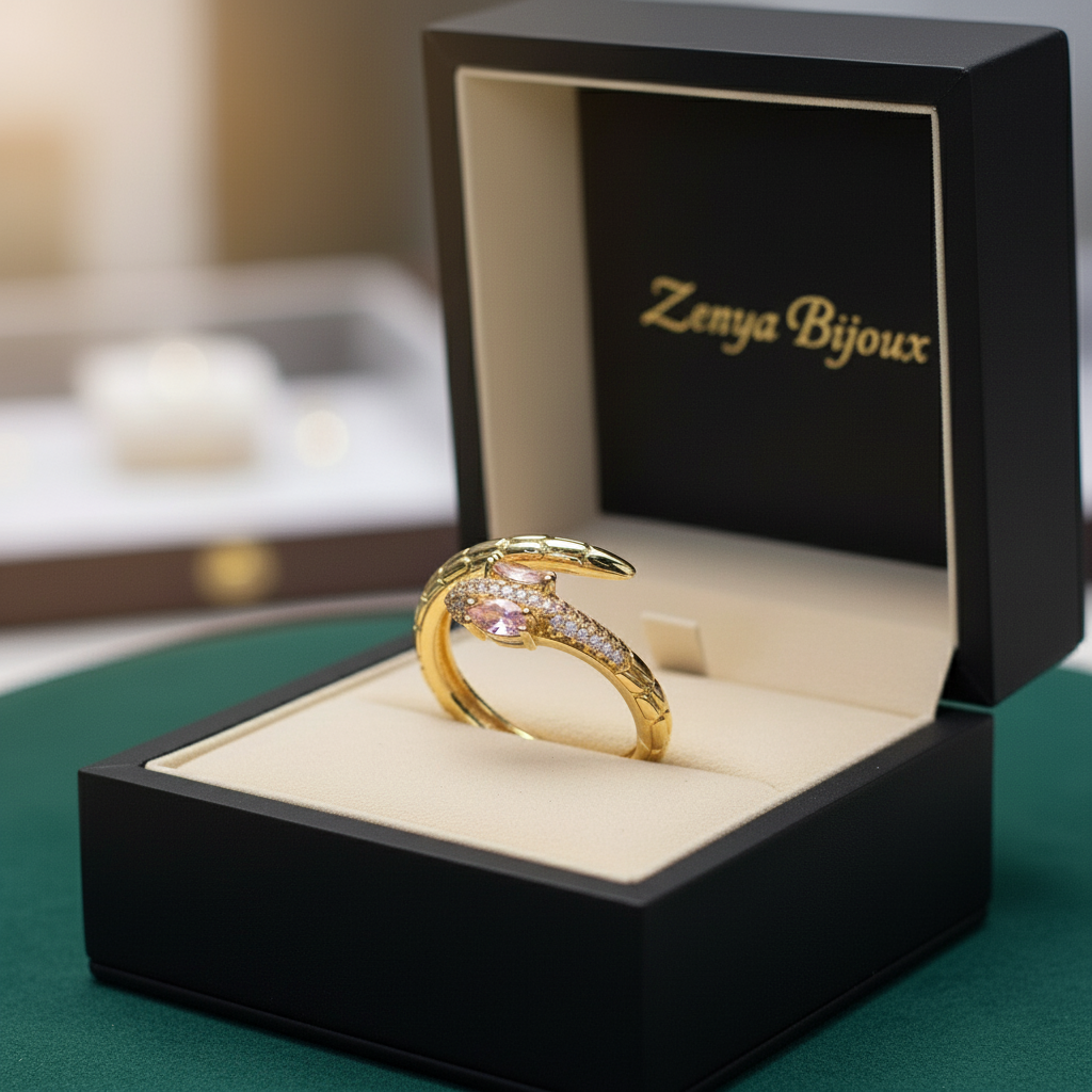 inel placat cu aur de 18K cu piatră cubic zirconia strălucitoare roz in forma de sarpe