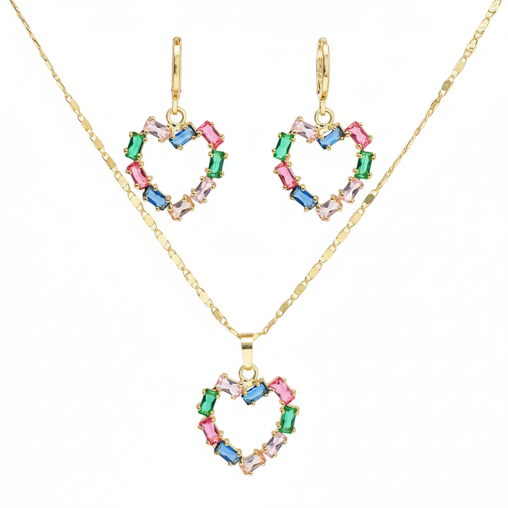 set bijuterii placate cu aur de 18K – colier, cercei in forma de inima cu pietre colorate multicolor
