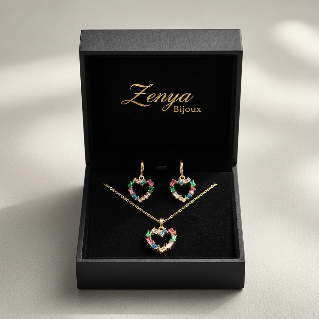 set bijuterii placate cu aur de 18K – colier, cercei in forma de inima cu pietre colorate multicolor