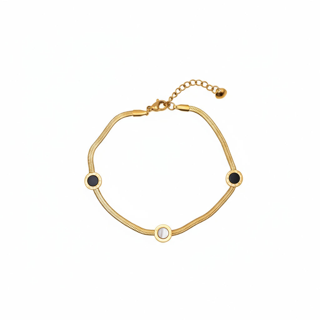 Brățară de picior aurie din oțel inoxidabil, model elegant și delicat cu cercuri albe si negre pe un lant tip sarpe