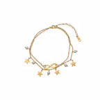 Brățară de picior din oțel inoxidabil placat cu aur, stil sofisticat din lant dublu cu charm infinit, stele si mici perle artificiale.