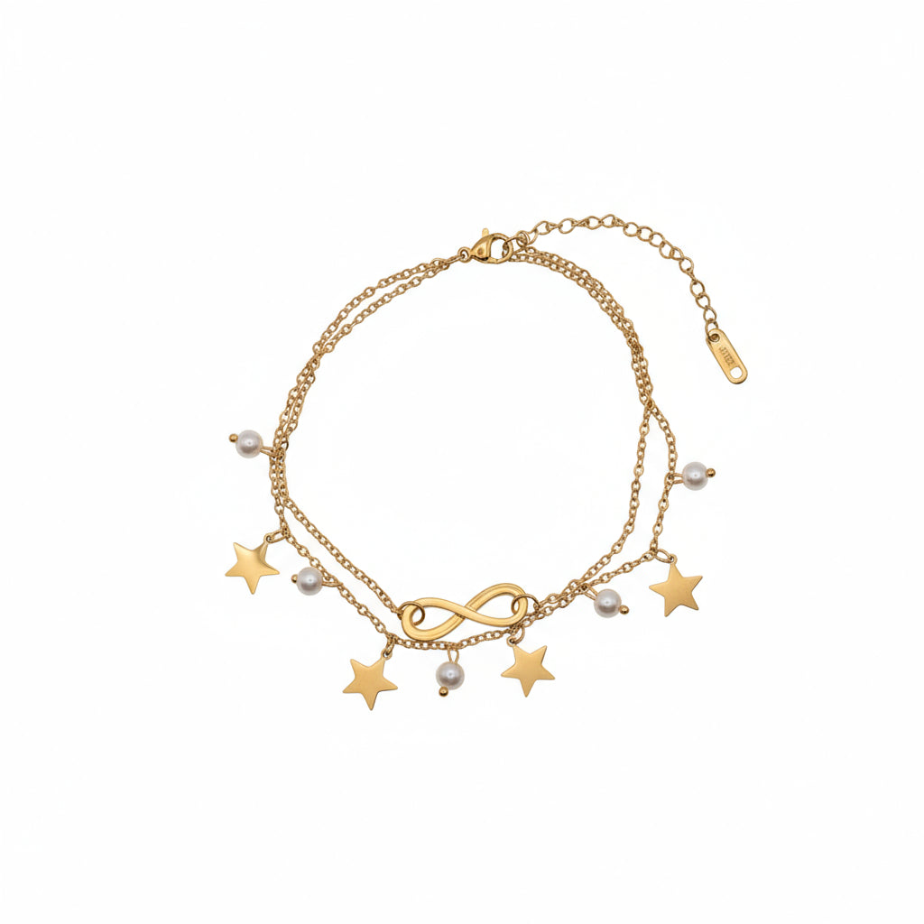 Brățară de picior din oțel inoxidabil placat cu aur, stil sofisticat din lant dublu cu charm infinit, stele si mici perle artificiale.