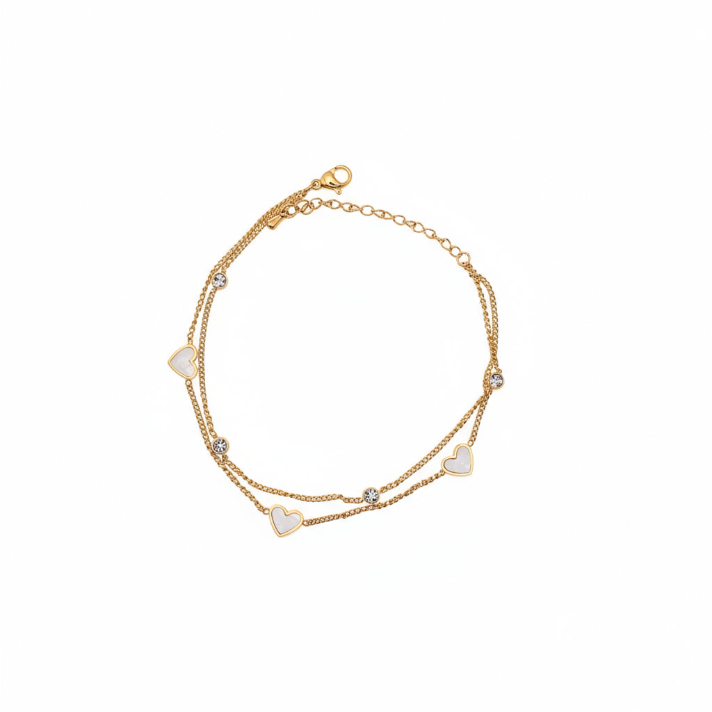 Brățară de picior aurie, design minimalist și elegant din lant dublu cu 4 pietricele si 3 inimioare albe.