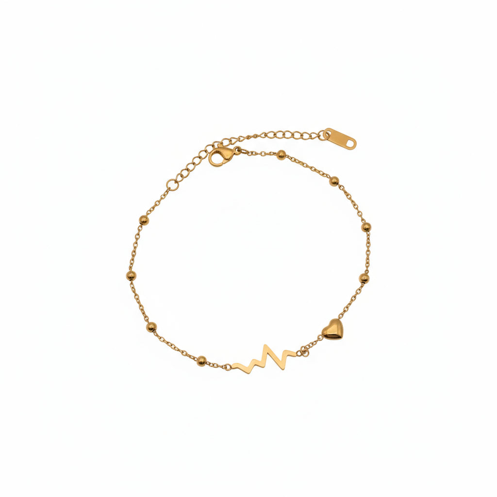 Brățară de picior aurie, design minimalist și elegant in forma de ekg , inima mica si bilute distantate pe lant.