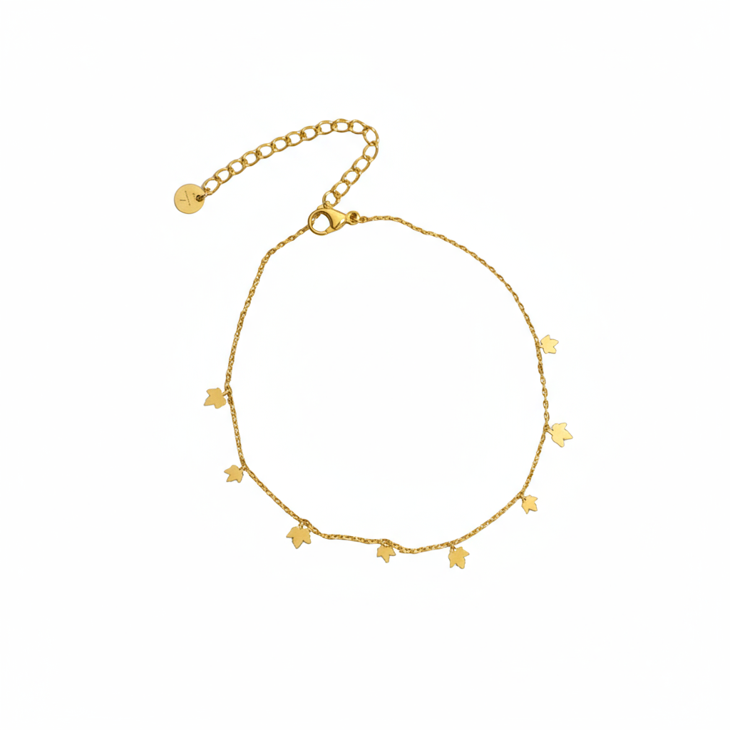 Brățară de picior din oțel inoxidabil placat cu aur, stil sofisticat cu mici frunzulite (ca vita de vie)