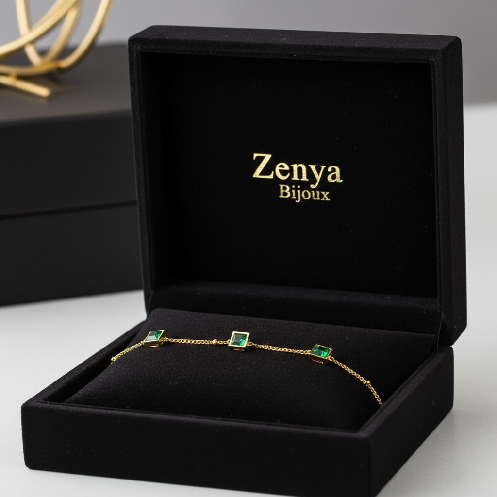 brățară placată cu aur de 18K – design delicat cu pietre mici verzi patrate in cutie de bijuterii