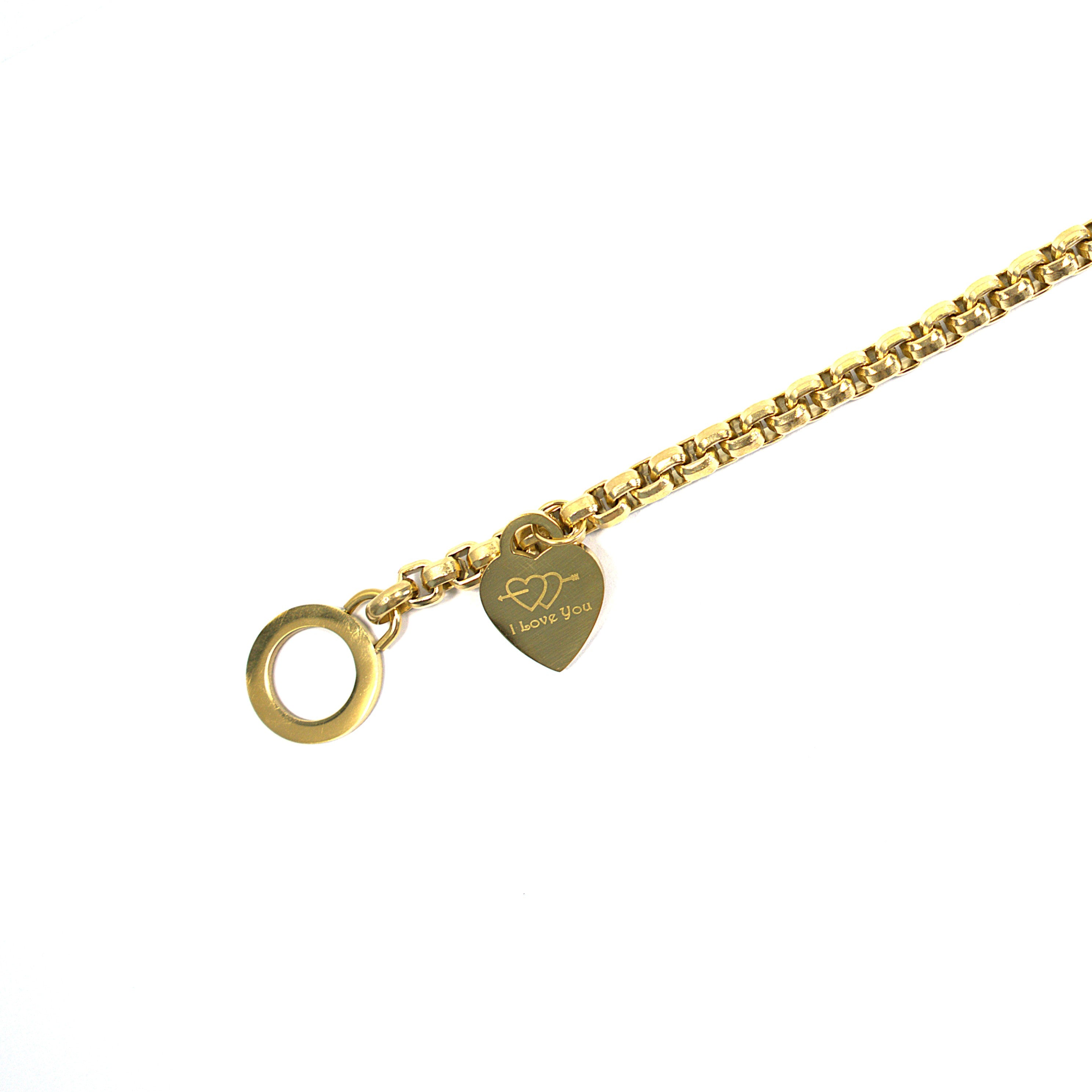 brățară statement din otel inoxidabil placată cu aur 18K,inchidere cu clapeta si charm cu inima gravata cu " I love you"