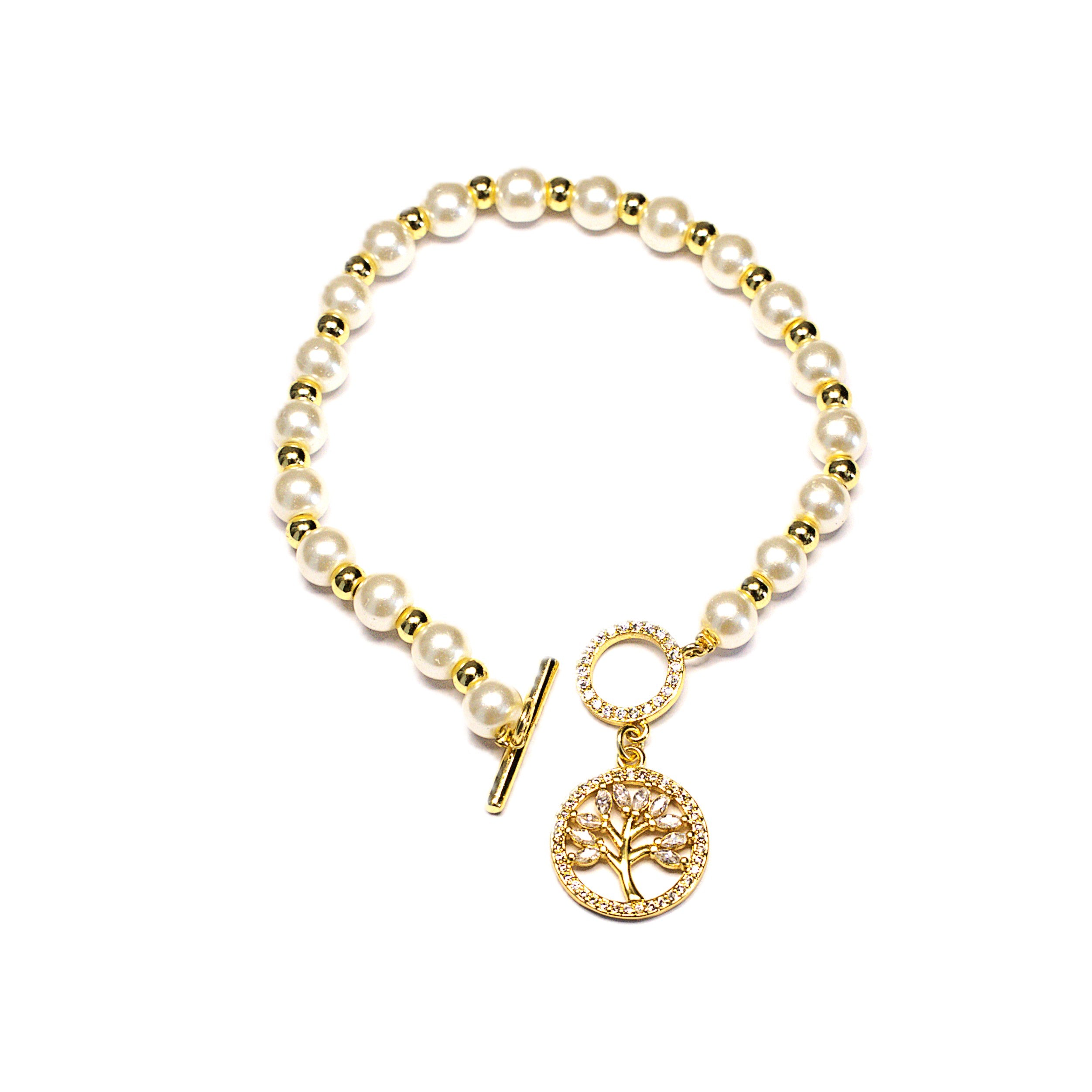 Brățară cu inchidere speciala tip clapeta cu bile aurii și albe si pandantiv cu copacul vietii