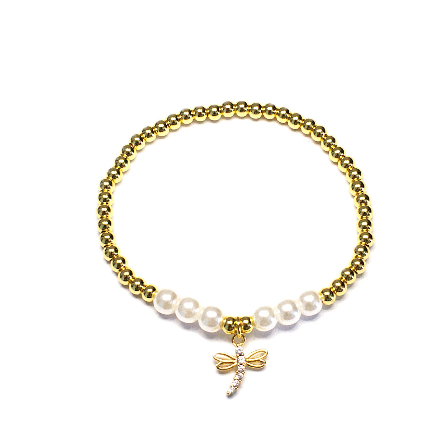 Brățară pe elastic cu perle și bile aurii – pandantiv libelulă