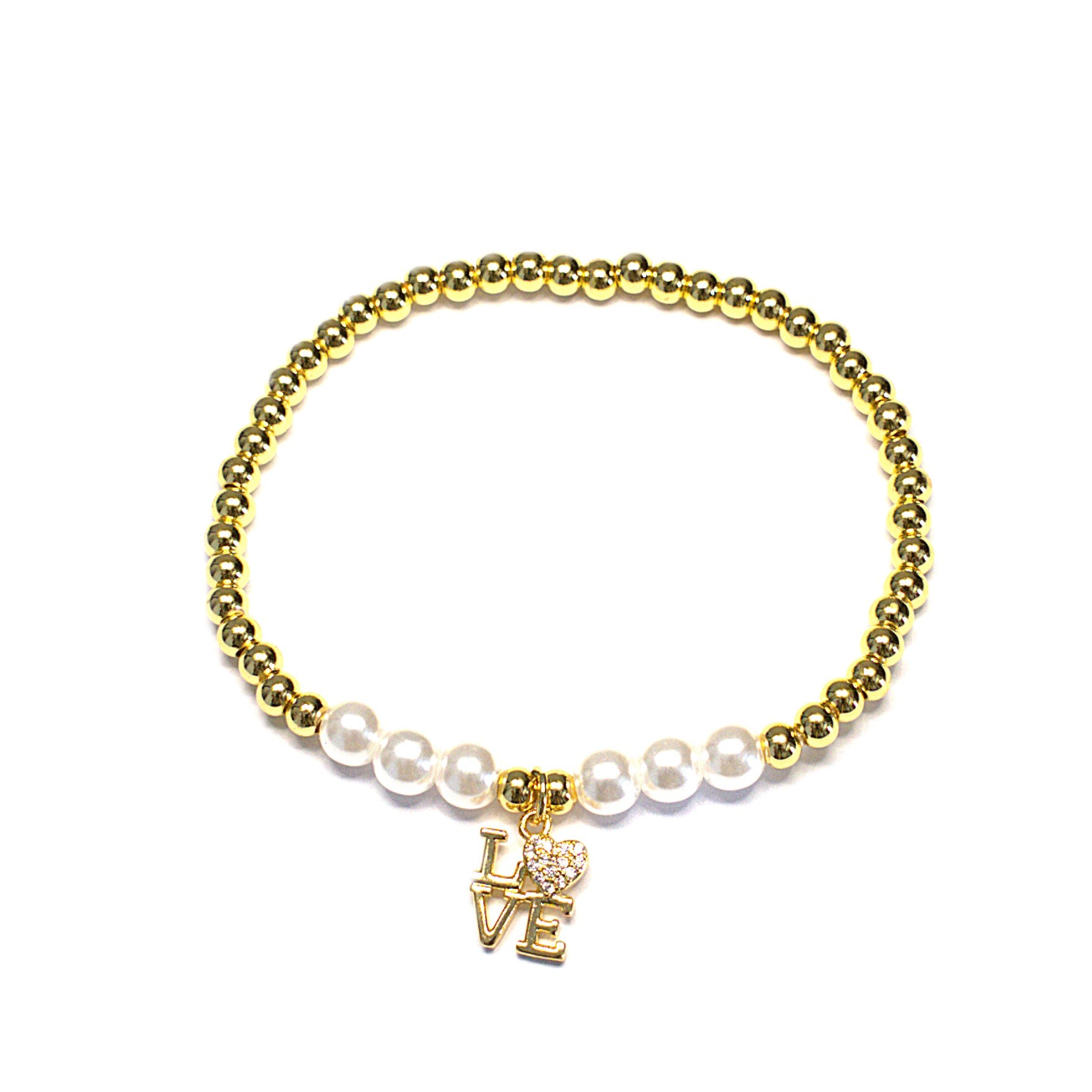 Brățară pe elastic cu bile albe si aurii și charm LOVE