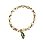 Brățară pe elastic cu bile albe și aurii și charm felie de pepene rosu