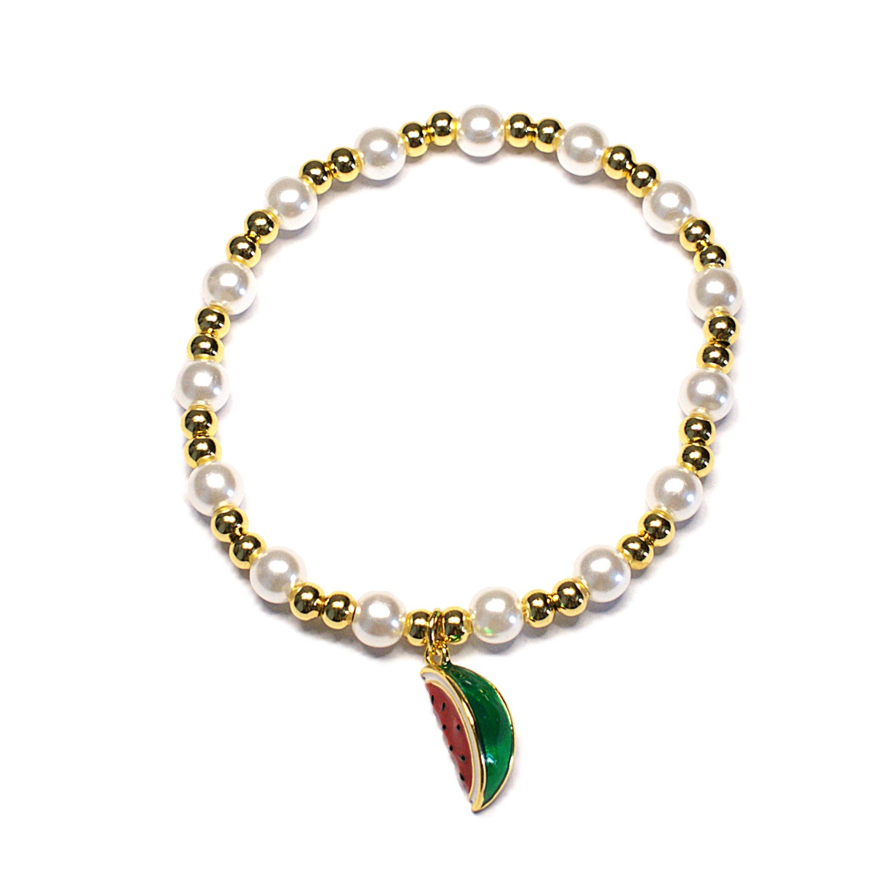 Brățară pe elastic cu bile albe și aurii și charm felie de pepene rosu