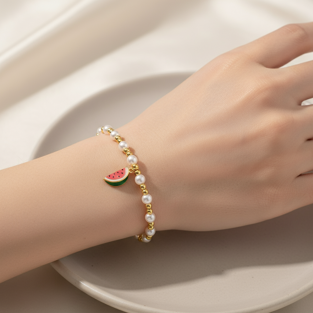 Brățară pe elastic cu bile albe și aurii și charm felie de pepene rosu