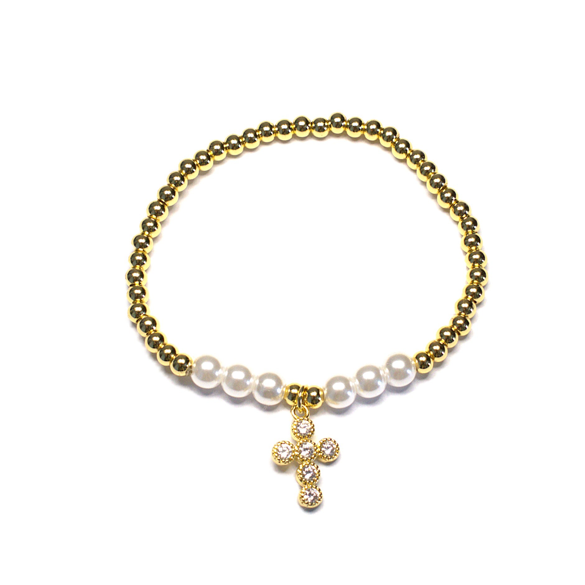 Brățară pe elastic cu bile albe și aurii și charm cruciulita cu pietre albe