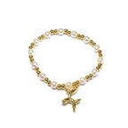 Brățară pe elastic cu bile albe și aurii și charm catel