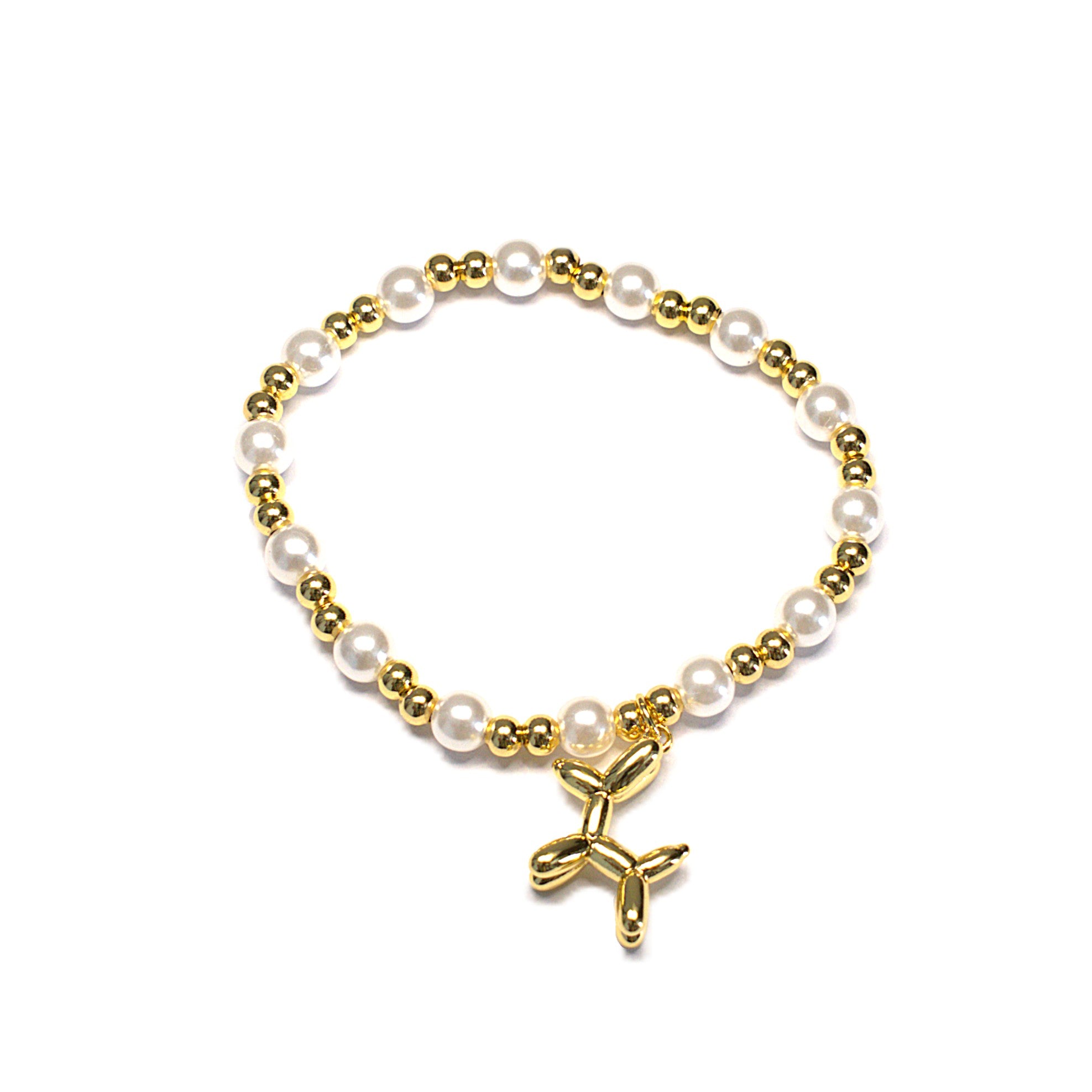 Brățară pe elastic cu bile albe si aurii- pandantiv cățel