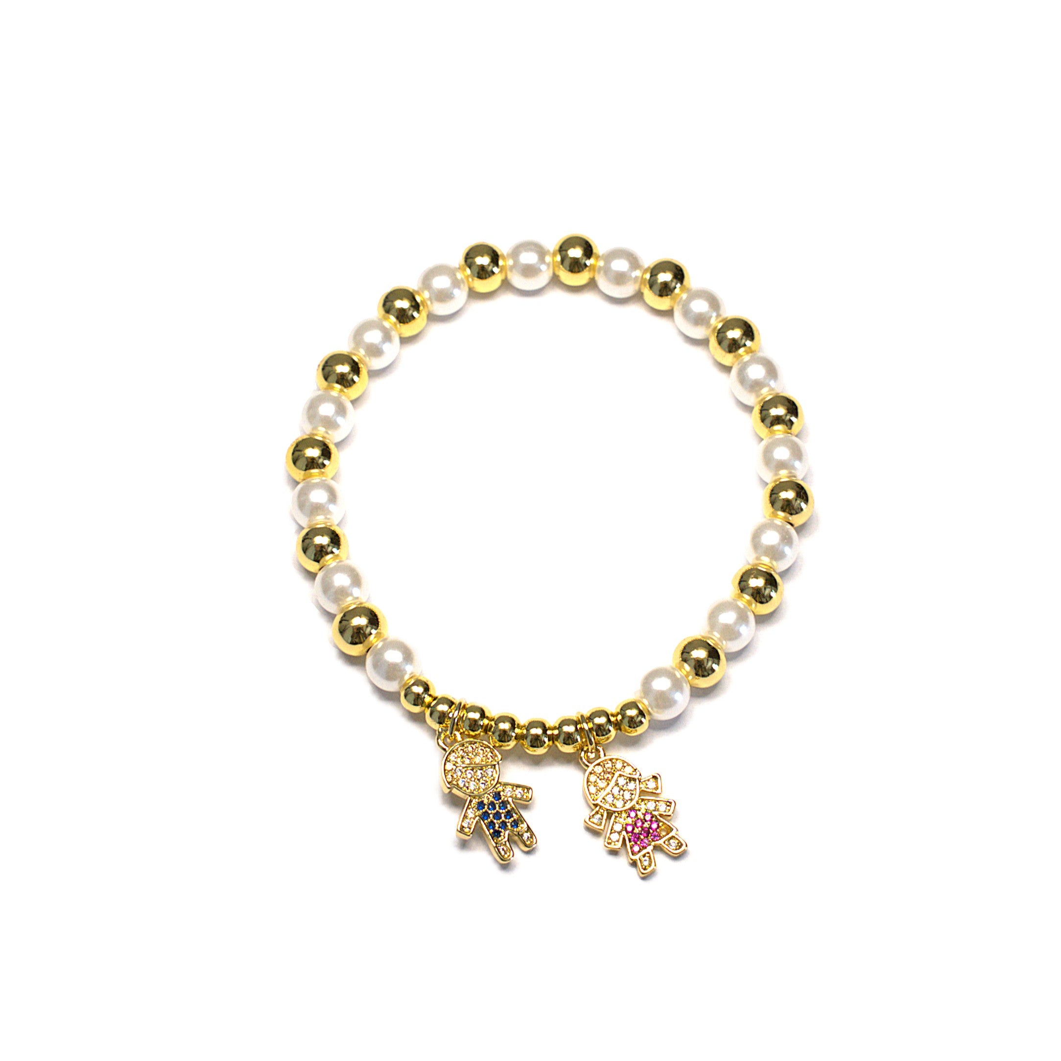 Brățară pe elastic cu bile albe și aurii și charm fetita si baietel