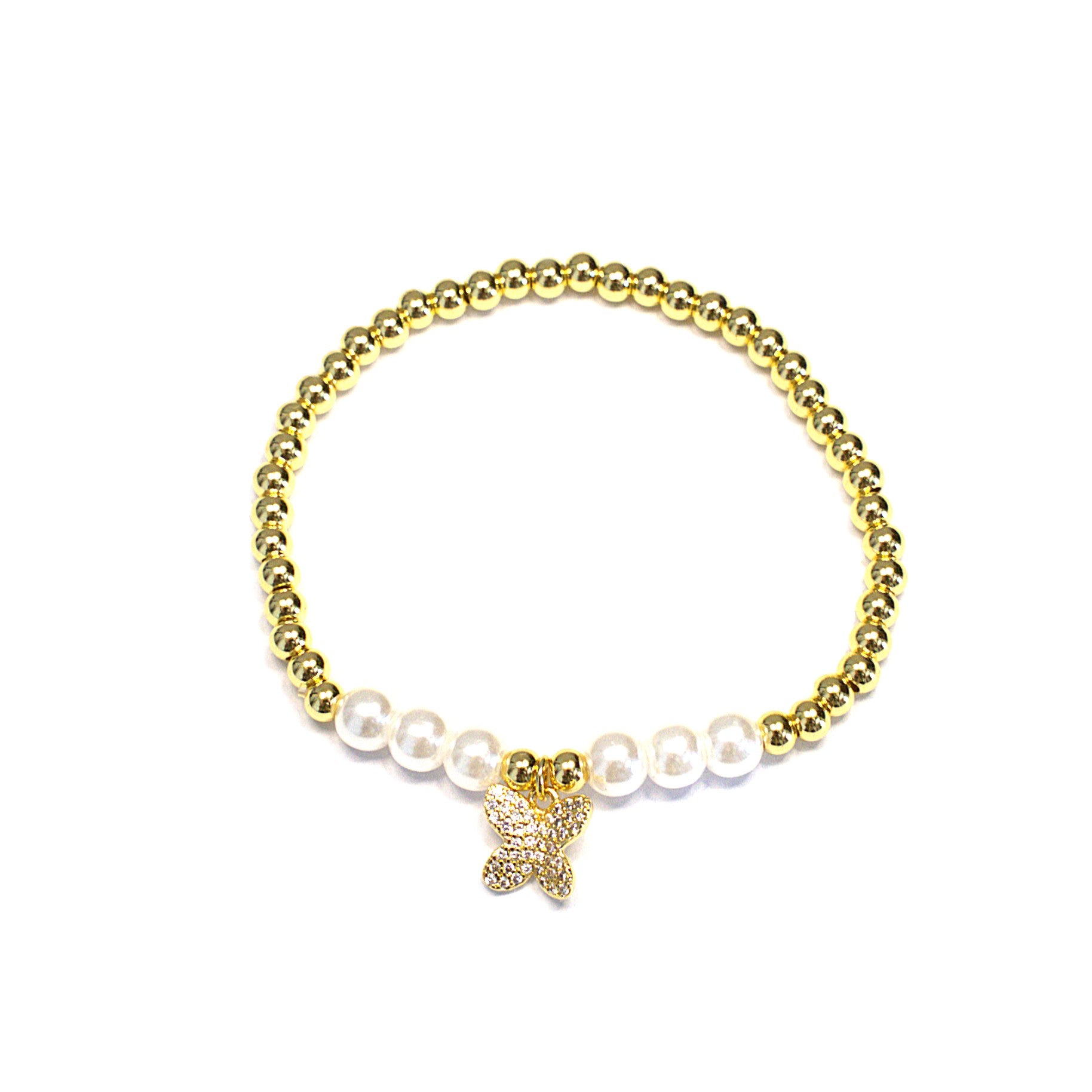 Brățară pe elastic cu bile albe și aurii și charm fluturas mic cu pietricele