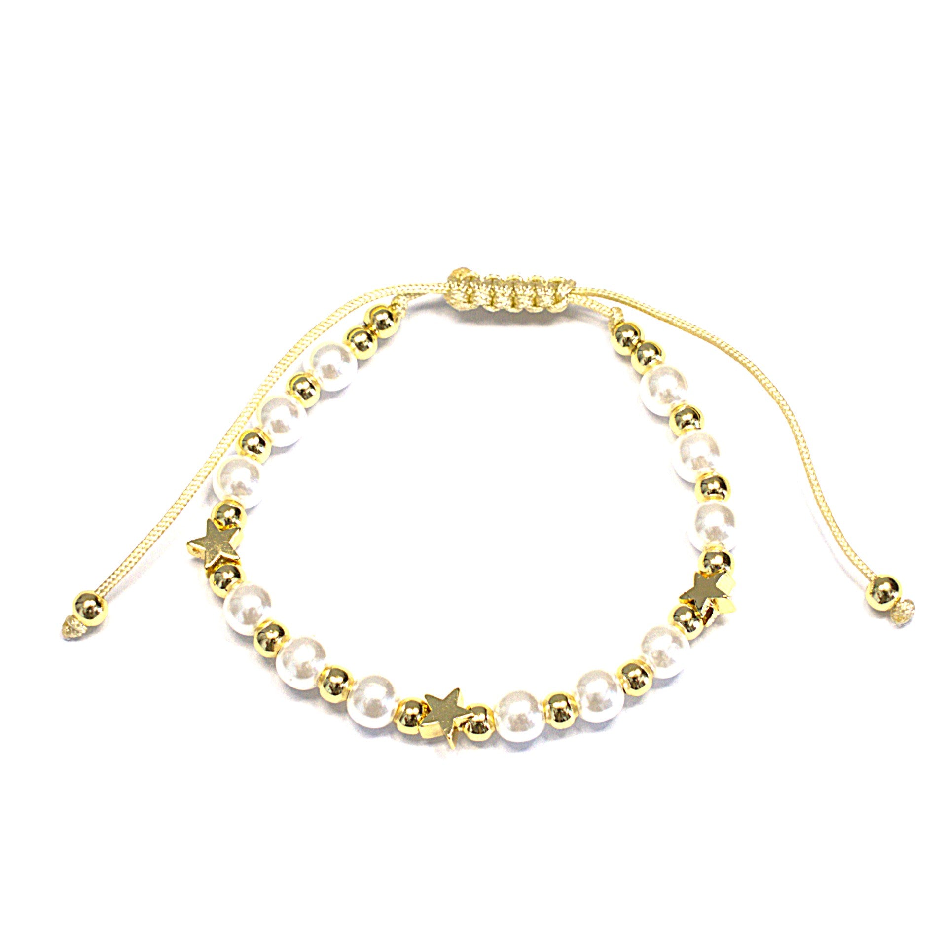 Brățară pe șnur reglabil cu bile albe și aurii și charm stea